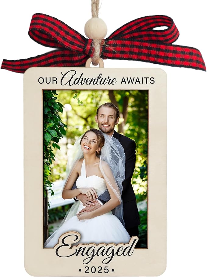 Christmas Photo Frame Ornament, 2025 Ornament, Wooden Picture Frame Ornaments With Hanging String (2025 Engaged)