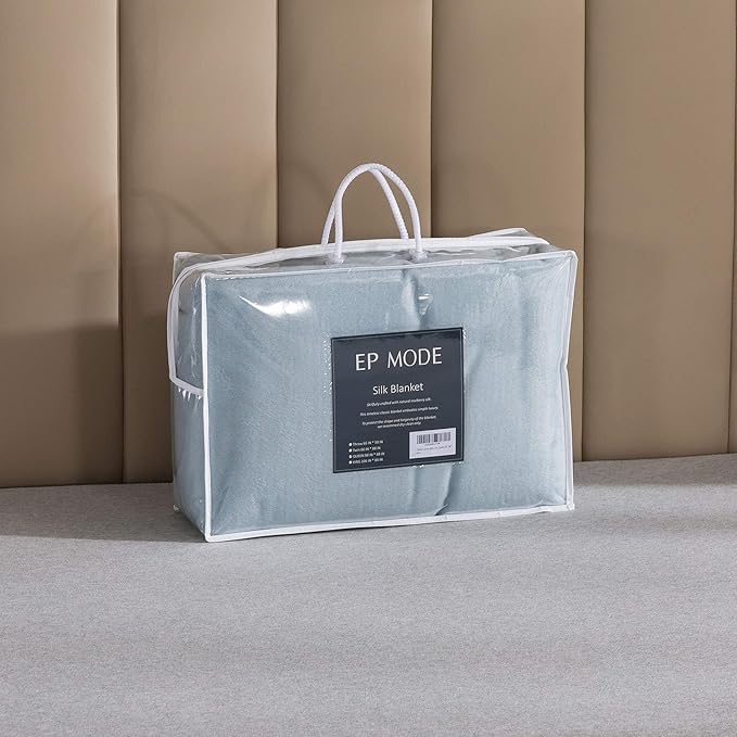 EP Mode Luxury Mulberry Silk Blanket with Silk Charmeuse Border (Baby Blue, King 106" x 88")