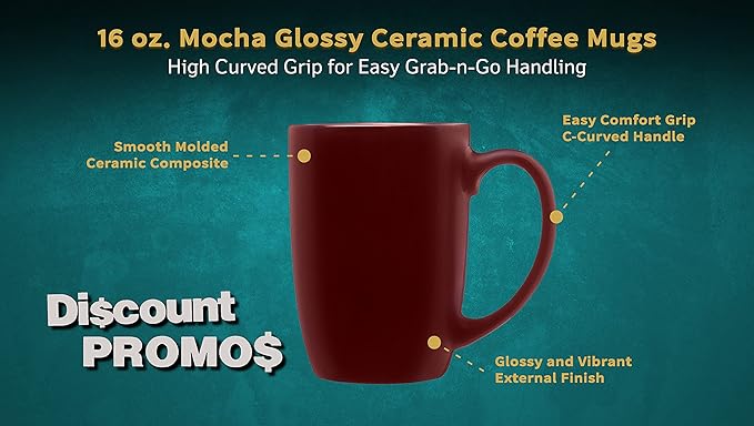 DISCOUNT PROMOS 10 Large Mocha Glossy Ceramic Coffee Mugs Set, 16 oz. - Stoneware, Smooth, Durable, C-handle - Maroon