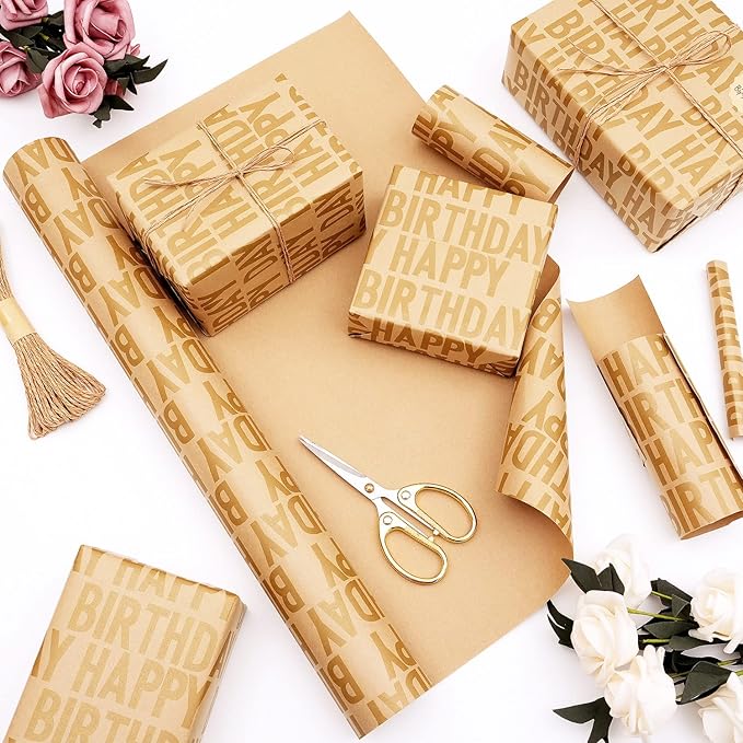 MAMUNU Birthday Wrapping Paper Roll, Brown and Gold Kraft Happy Birthday Wrapping Paper Jumbo Roll, Gift Wrap Paper Set for Men Women Boys Girls, 17Inch × 33Feet