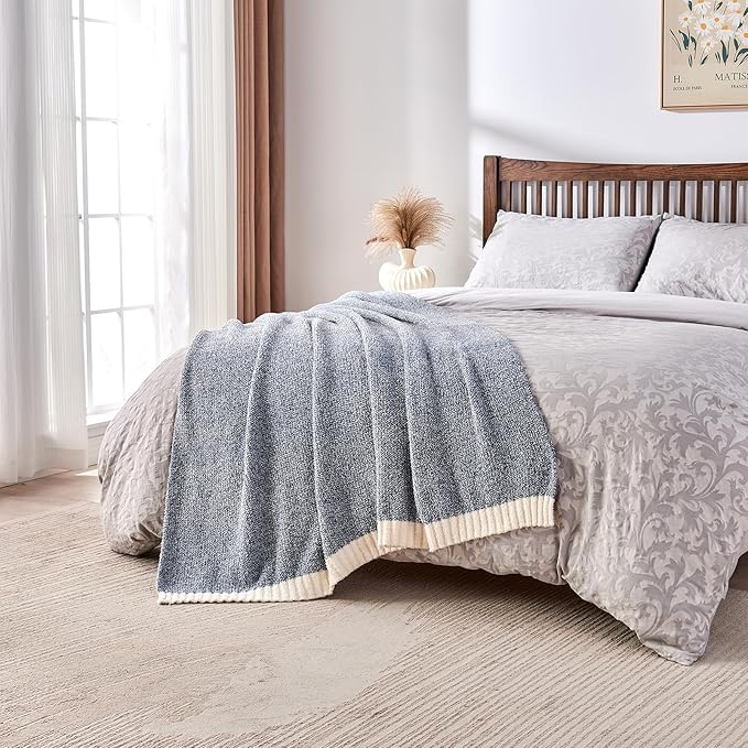 CozeCube Super Soft Fullfy Microfiber Reversible Knitted Blankets, Warm Cozy Fuzzy Plush Throw, Dusty Blue and White Melange Throw Blanket for Couch Bed Sofa, 60" x 80"
