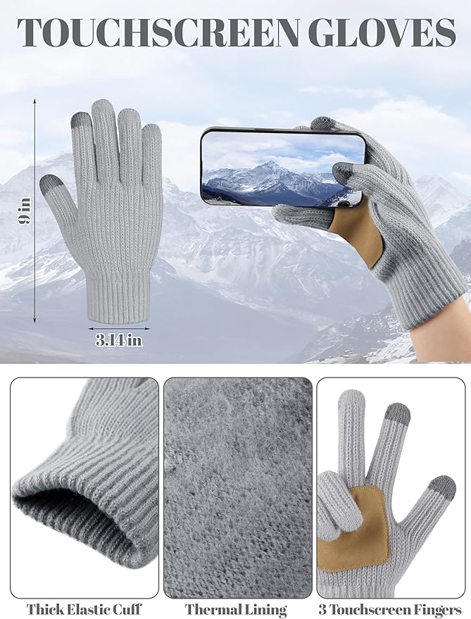 LOROME Women Winter Beanie Hat Scarf Gloves Set, Fleece Knitted Pompom Hat Warm Neck Scarf Touchscreen Gloves Winter Gift