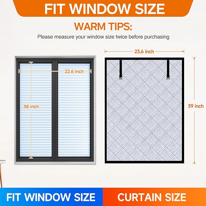 Winter Insulated Window Curtain 23.6"x39", Oxford Cloth Thermal Insulated Window Cover with Buckles,Heavy Duty Window Insulation Kit Fits Windows up to 22.6"x38",Silvery
