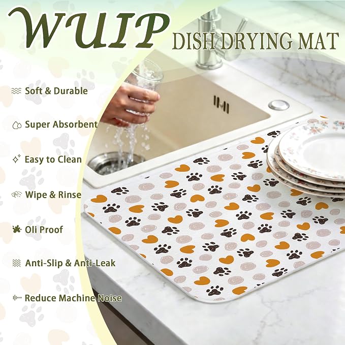 Dog Decor Dish Drying Mats for Kitchen Counter, Dog Lover Gifts, Cute Puppy Paw Print Absorbent Reversible Coffee Bar Mat Drying Pad for Kitchen Decor, 12x15 Inch
