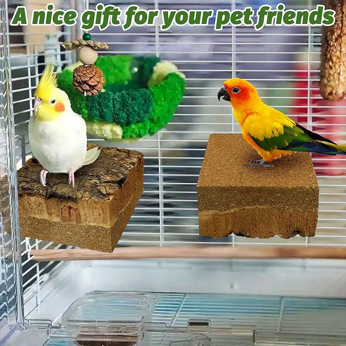 kathson 2Pcs Natural Cork Bird Perch Stand Platform Small Birds Thicken Wooden Square Stand Perch Parakeet Chewing Toy Cage Accessories for Lovebirds Cockatiels Conures(Single Screw, 2 in Thick)