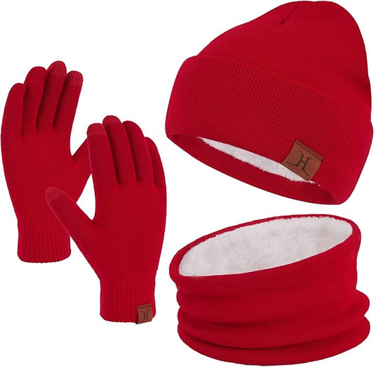 Winter Beanie Hat Scarf Touchscreen Gloves Set for Men and Women, Beanie Gloves Neck Warmer Set with Warm Knit Fleece Lined