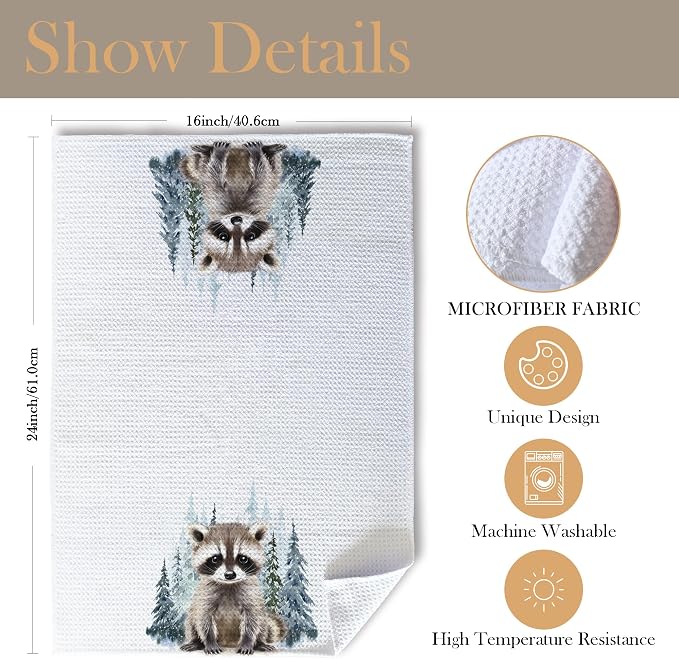 Winter Christmas Raccoon Kitchen Towels, Gifts for Raccoon Lovers Dish Tea Towels for Kitchen, Winter Pine Tree Forest Decorative Hand Towel for Kids Bathroom Decor, 16x24 Inch
