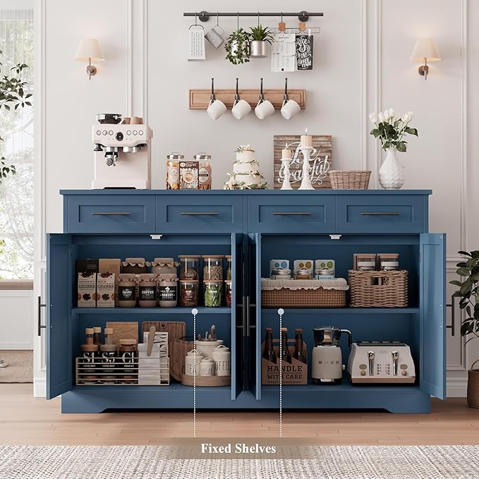 HOSTACK 60" Large Buffet Sideboard with Storage, 36" Tall Kitchen Buffet Storage Cabinet with 4 Drawers, Modern Coffee Bar Cabinet with Gold Handles, Long Sideboard Buffet Table for Kichen, Blue