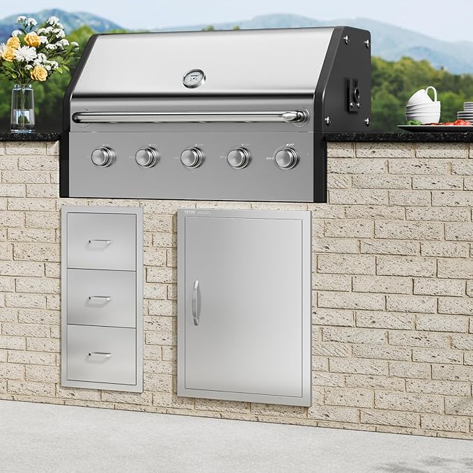 VEVOR BBQ Access Door, 27H x 20W Inch Stainless Steel Flush Mount Vertical Door with Handle for BBQ Island, Grilling Station
