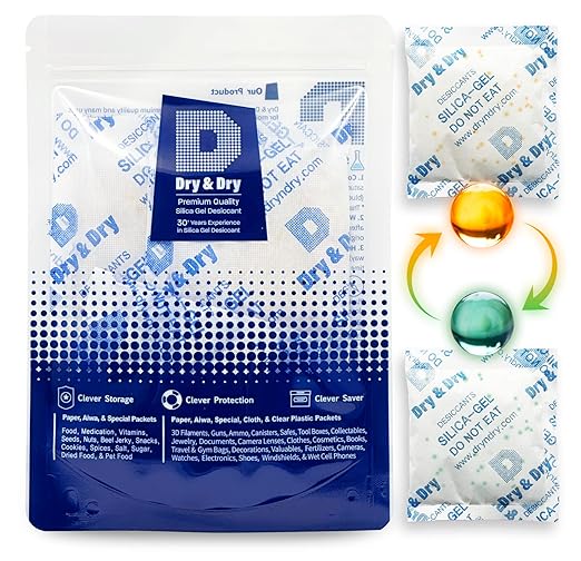 Dry & Dry 50 Gram [24 Packs] Orange Indicating(Orange to Dark Green) Mixed Silica Gel Packets - Food Safe Rechargeable Silica Packets Desiccants Silica Gel Packs Silica Gel Packets