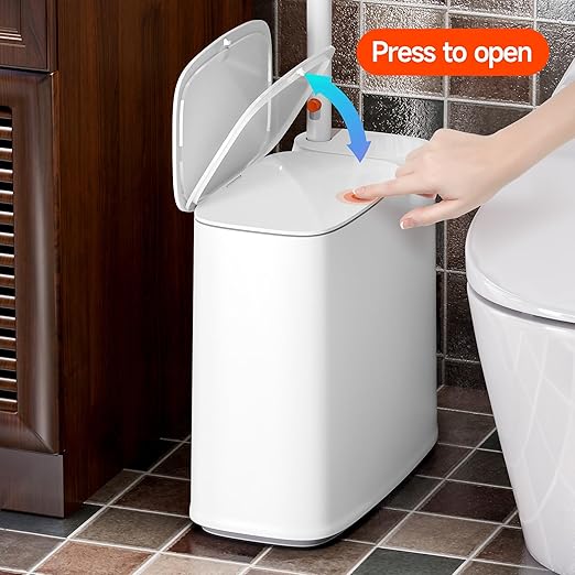 CTIME Bathroom Trash can Set, 2 Gallon White Small Trash Can with Lid, Disposable Toilet Brush, Storage Caddy and 12 Refills, Slim Garbage Can for Bathroom, RV