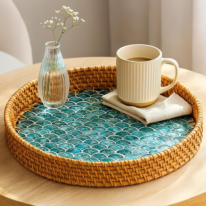 JUNGLE CULTURE Rattan Serving Tray 12" with Mother of Pearl Inlay • Coastal Boho Collection • Handcrafted Woven with Handles for Home • Round Dining Table Tray • Wicker Serving Basket – Cascade
