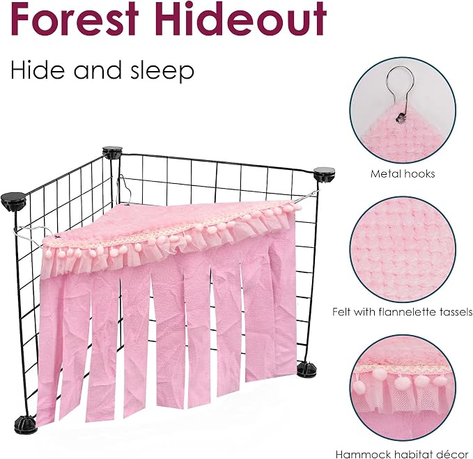 Lace Trim Guinea Pig Corner Hideout, Fleece Forest Cage Accessories, Pet Corner Hideaway for Guinea Pigs, Rabbits, Ferrets, Chinchillas, Hedgehogs (Pink)