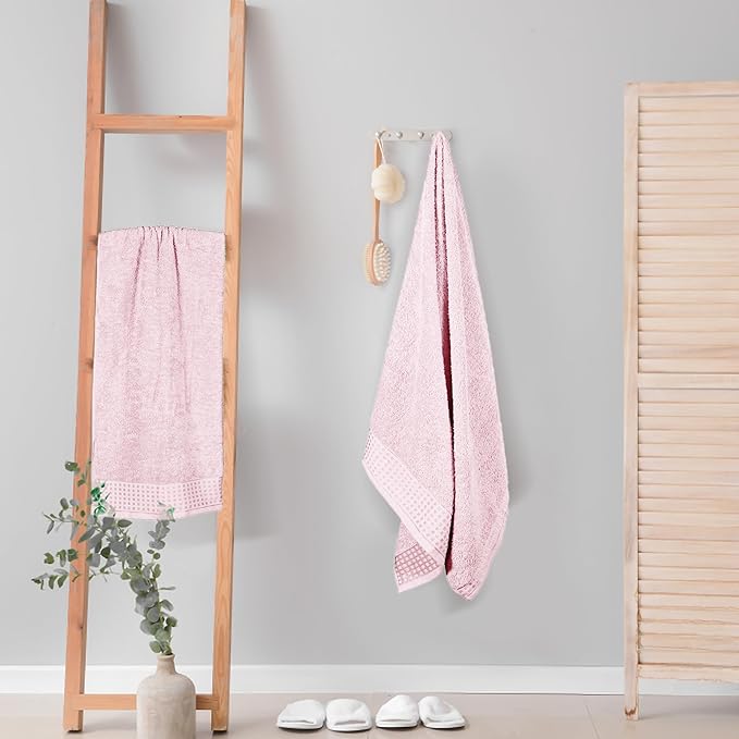 GLAMBURG 100% Cotton 2 Pack Oversized Bath Towel Set 28x55 Inches, Ultra Soft Highly Absorbant Compact Quickdry & Lightweight Large Bath Towels, Ideal for Gym Travel Camp Pool - Pink