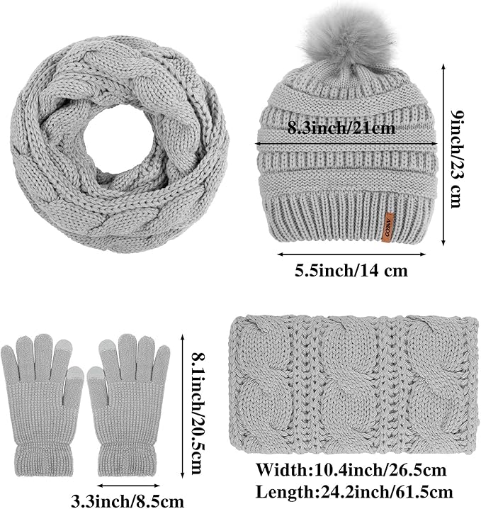 Aneco Womens Winter Warm Sets Knitted Fur Pompoms Beanie Hat Circle Loop Scarf Touch Screen Gloves Winter Favor Accessories