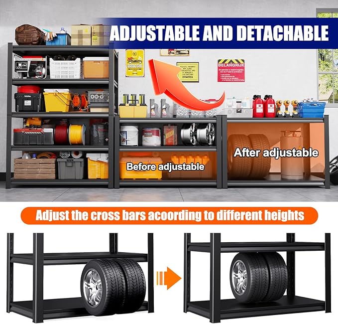 71" H-35 W Garage Shelving Heavy Duty Storage Shelves, Metal Adjustable Shelving Unit, Utility Garage Organizer Shelf for Basement, Pantry, Kitchen, Warehouse,16" D x 35" W x 71" H, Black