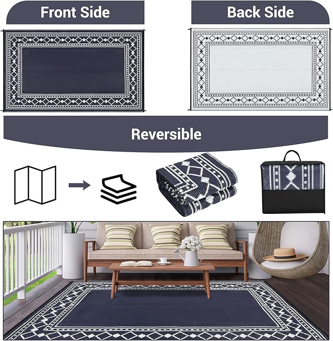 9x18 Large Outdoor Rug,Modern Bordered Plastic Straw Carpet,Waterproof Lightweight Outdoor Carpet,Easy Cleaning Folding Uv Resistant Picnic Camping Mat,Black and Blue/White