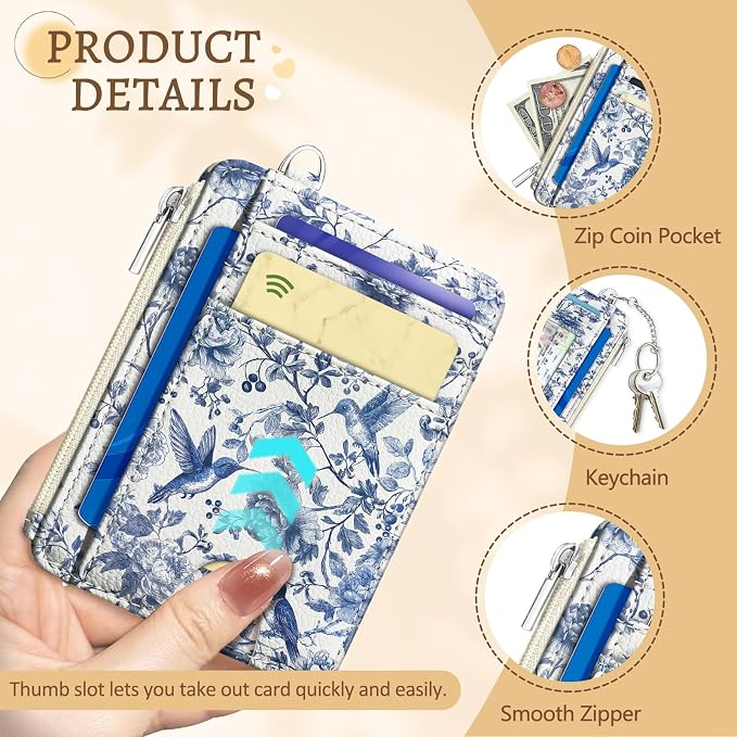 Kelvoris Credit Card Holder Small Wallet Women, Slim RFID, HummingBird | Keychain, Zipper Coin Pocket, Front Pocket Thin Travel Card Case, Minimalist, 6 Card Slots, 1 ID Window, Ladies Gifts Woman