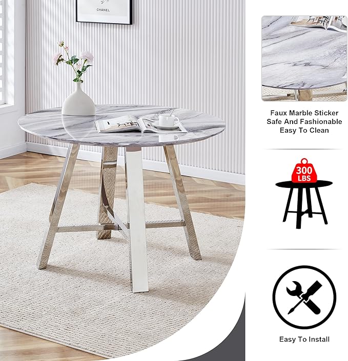Round Dining Table Set for 4,Modern Faux Marble Table with 4 PU Leather Chairs,5 Piece Wood Dining Table Set for Small Space Kitchen, Dining Room, Office