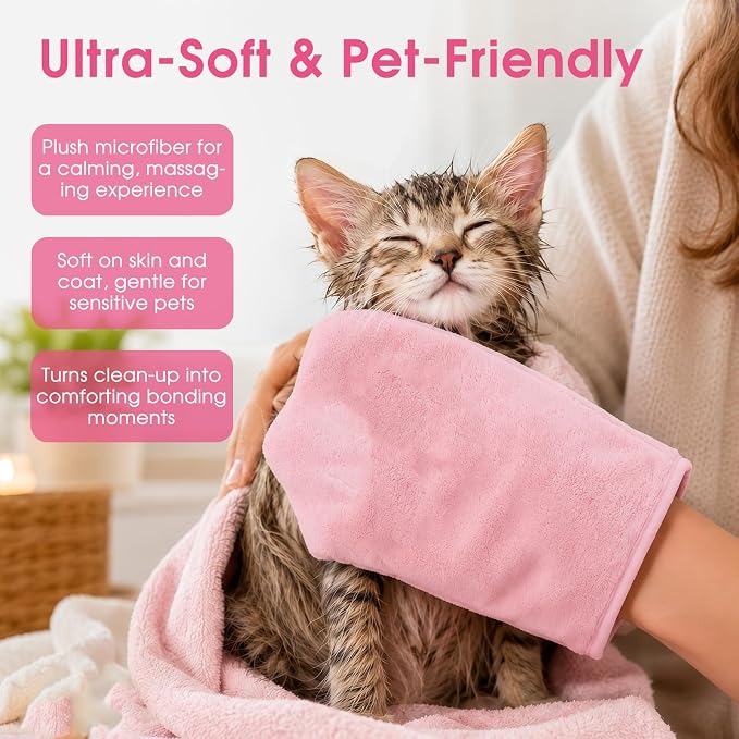 A Pair of Microfiber Reusable Pet Grooming Towel Gloves, Machine-Washable Double-Sided Bath Mitts, Dirt & Odor Removal Cleaner for Dog and Cat Paws & Coat (Pink)