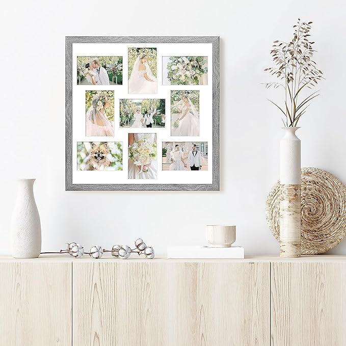17x17 Collage frame with 9 Openings 4X6 Pictures, Multiple Picture Frame with Mat, Wall or Tabletop Decor, Grey Wood Grain,2 Pack