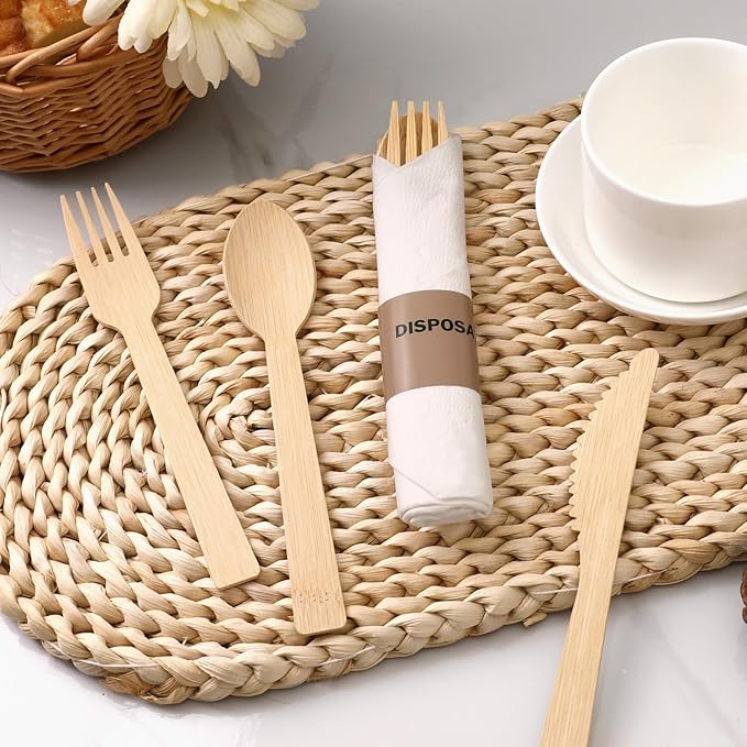 Prerolled Bamboo Cutlery-25 Pack (6.7" 25 Forks 25 Spoons 25 Knives 25 Napkins) Individually Wrapped Forks Spoons and Knives Set Disposable Compostable for Wedding/Camping
