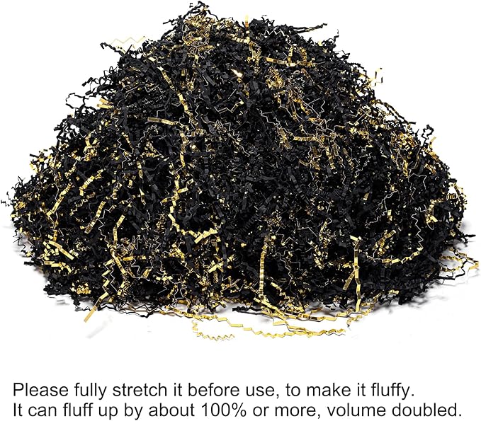 Mefleet 1/2 LB Crinkle Cut Paper Shred Filler 8 oz Black & Gold Crinkle Shredded Paper for Gift Box - Gift Basket Bag Filler - Grass Cushion Stuffing for Easter, Mother's day, Birthday Packaging Wrapping