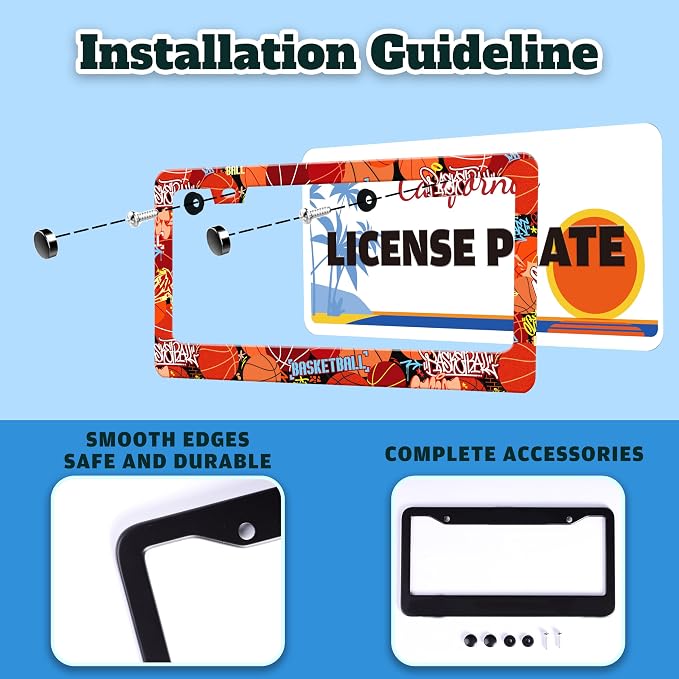 Basketball Ball License Plate Frame Stainless Steel 6.3 X 12.2 Inch | Fits US Standard With Screws Rust Resistant For Car Front Rear Decoration Accessories Easy Installation For Cars SUV Truck