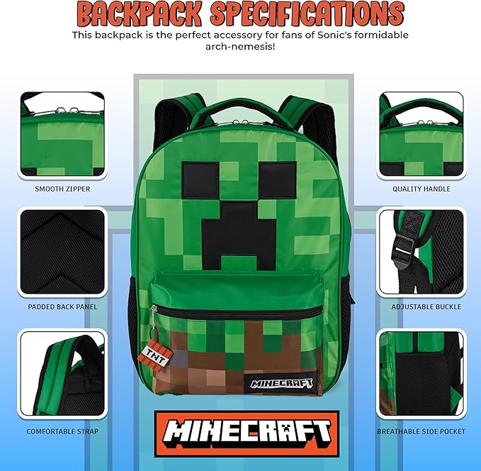 AI ACCESSORY INNOVATIONS Minecraft Backpack for Boys & Girls, Big Face Creeper School Bag with Front Pocket, TNT Rubber Molded Dangle, Green