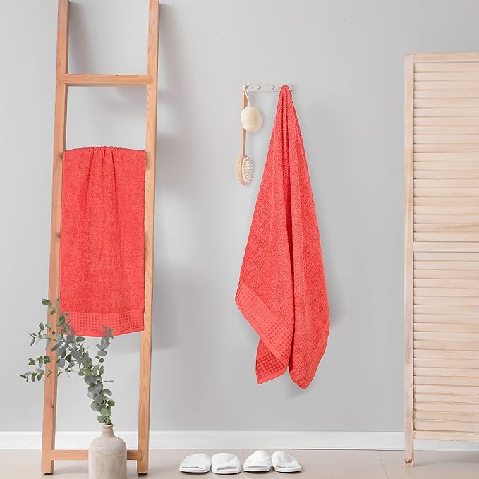 GLAMBURG 100% Cotton 2 Pack Oversized Bath Towel Set 28x55 Inches, Ultra Soft Highly Absorbant Compact Quickdry & Lightweight Large Bath Towels, Ideal for Gym Travel Camp Pool - Coral Orange