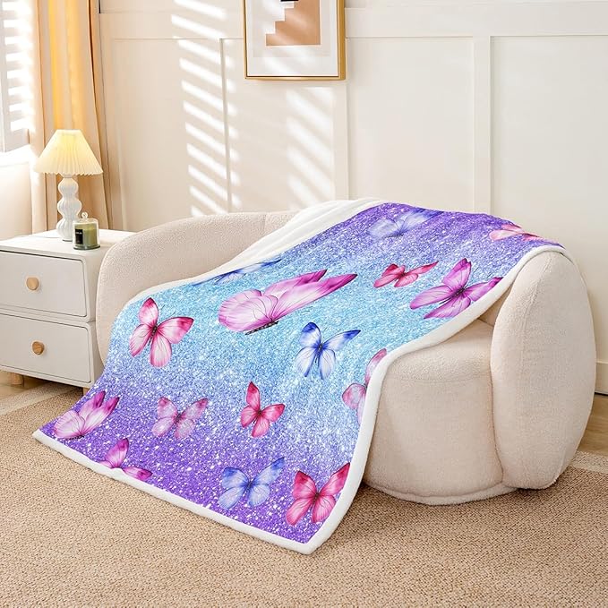 Feelyou Girls Glitter Print Fleece Throw Blanket 40"x50" Kids Blue Purple Butterfly Sherpa Blanket Plush Fuzzy for Bed Couch Chair Living Room, Dreamy Girly Bed Blanket Princess Style Room Decor