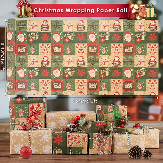 AhfuLife 2 Rolls Christmas Wrapping Paper - 17 Inch × 49.2 Feet Per Roll, Recyclable Snowflake Kraft Xmas Wrapping Paper Roll for Christmas Gift Box Birthday Party Decoration -138 sq. ft. ttl