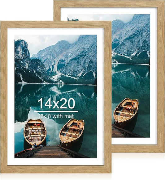 14x20 Picture Frame Set of 2, Natural Oak Wood Style - Display 14 x 20 Picture without Mat or 12x18 Picture with Mat, Wall Mounting Horizontal and Vertical