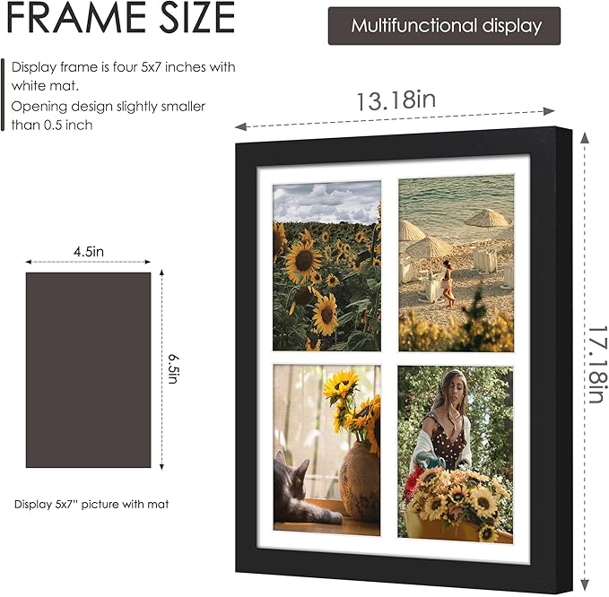 12x16 Picture Frame, 5x7 Collage Picture Frame, Displays Four 5x7 inch Photos, or 12x16 (Without Mat) for Available Horizontal Wall Mounting Display and Vertical, Black.