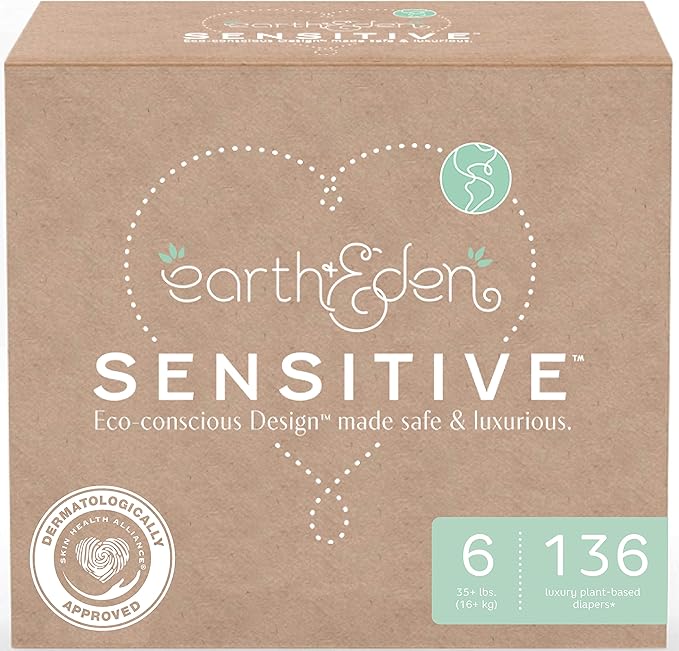 Earth & Eden Sensitive | Eco-Conscious & Hypoallergenic Diapers | Size 6 | 136 Count