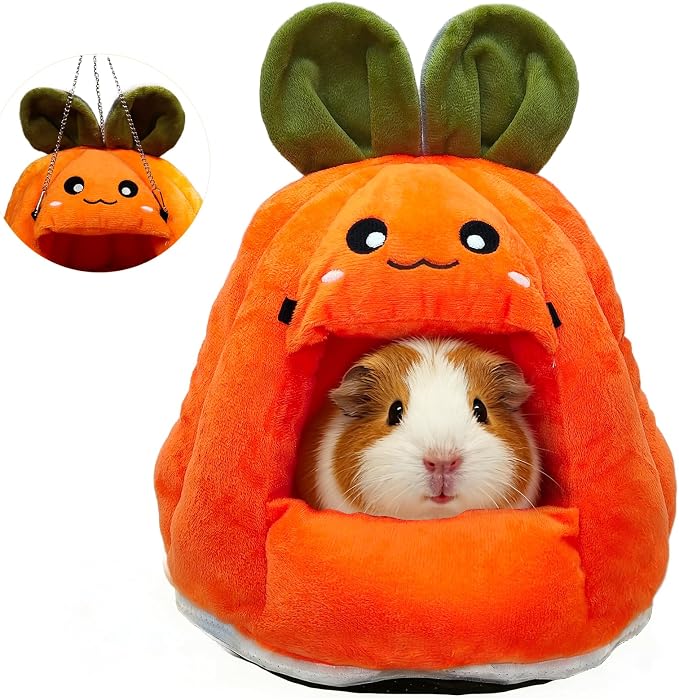 Guinea Pig Hideout, Cute Carrot Shape Bunny Bed with Warm Fleece Washable Hamster Bed Rat Cage Accessories Small Animal Houses for Dwarf Rabbit Chinchilla Hedgehog (M)