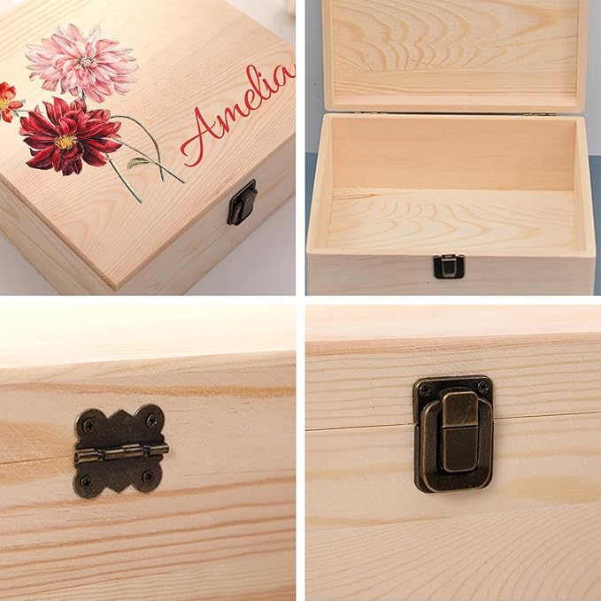 Personalized Wooden Keepsake Memory Box with Birth Flower & Name, Custom Wood Decorative Storage Box with Lids Customized Christmas Gift Box for Women Teen Girls Mom Birthday Gifts