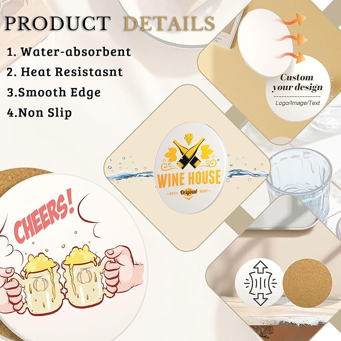 Custom Coasters, Personalized Ceramic Drink Coasters with Photo, Text or Logo – 4 Inch Round Absorbent Coaster with Cork Bottom & Holder – Gift for Home, Wedding, Bar, Coffee (Round Version)