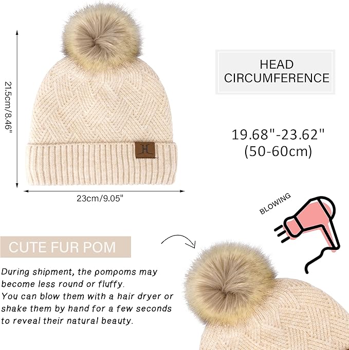 Womens Winter Warm Knit Beanie Hat Long Scarf Touchscreen Gloves Set with Fleece Lined Pom Skull Cap Gifts for Women