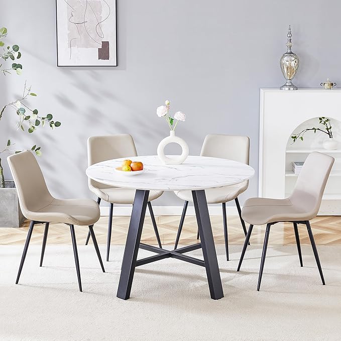 Round Dining Table Set for 4, Round Kitchen Table and Chairs Set for 4, 42 Inch Modern White Circle Dining Table Set of 4 with Upholstered PU Leather Chairs for Small Space Kitchen Living Apartment