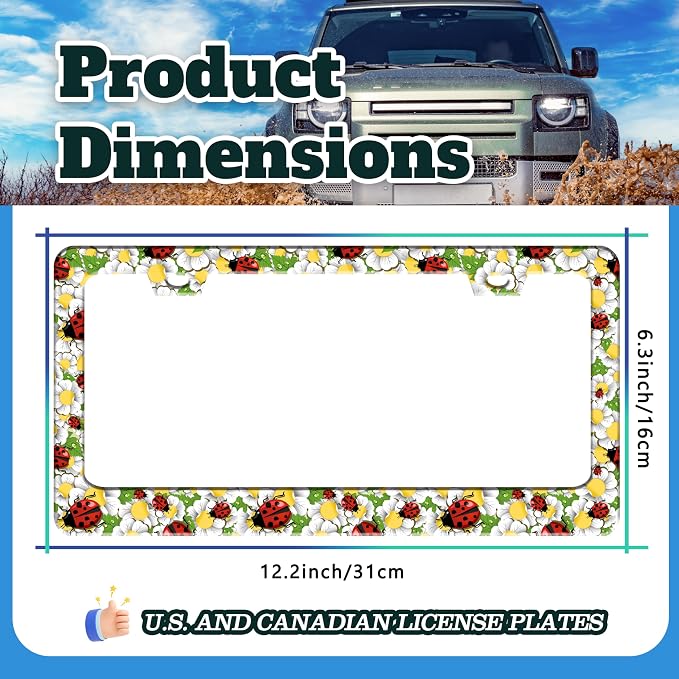 Red Black Ladybug Flowers License Plate Frame Stainless Steel 6 X 12 Inch | Fits US Standard With Screws Rust Resistant For Car Front Rear Decoration Accessories Easy Installation For Cars SUV Truck