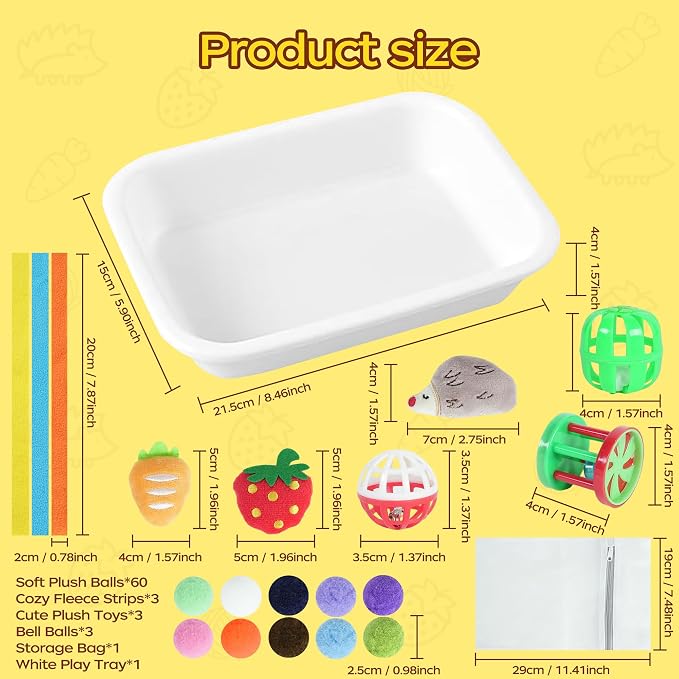 Hedgehog Toys & Accessories, Enrichment Toy Set with Dig Box & Balls | Plush Balls & Fabric Strips, Hedgehog Cage Accessories, Dig Box Toy, Digging Activities, Small Animal Enrichment