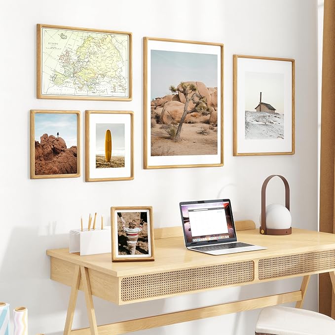 8x10 Oak Frame USA-Sourced Natural Wood Picture Frames Handcrafted Rounded Corner with Mat to 6x8 Picture Display with Real Glass Family Picture, Photo, Certificate