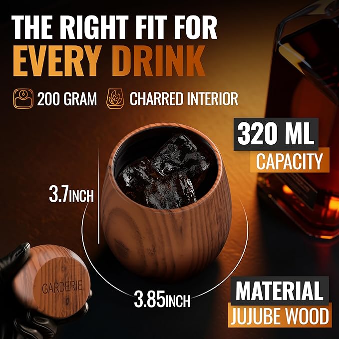 Premium pack Of 2 Charred Wooden Bourbon Glasses for Whiskey drinking old fashion personalized Gifts Grail Men Groomsmen Dad, Brother 21st Birthday,Thanksgiving, young older Ideas Who Have Everything