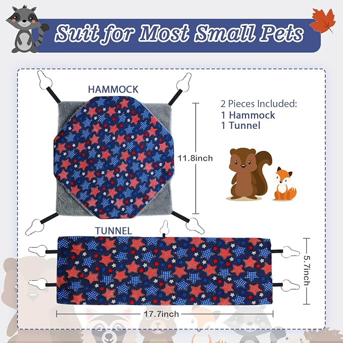 petonfun Ferret Rat Hammock Tunnel for Cage Guinea Pig Hideout Toy Bed,Blue | 2 Pack Set, Large Size, Suitable for Most Small Animal, Double Sided, Wide Chinchilla Cage Accessories to Hide,Durable & Soft