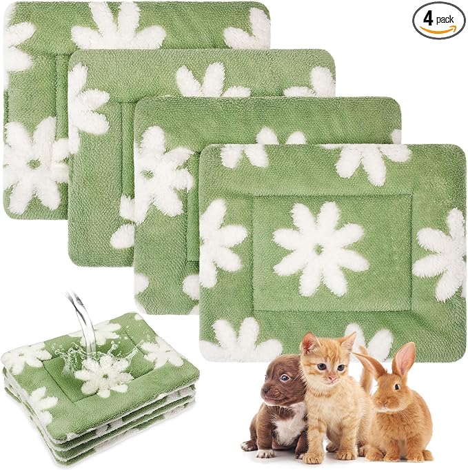 Haull 4 Pcs Waterproof Guinea Pig Bedding Soft Dog Cat Bed Crate Mat Small Animal Plush Cage Liners Rabbit Bunny Kennel Pad Reversible Cozy Pee Thickened Hamster Pad(White Flowes,13 x 10 Inch)