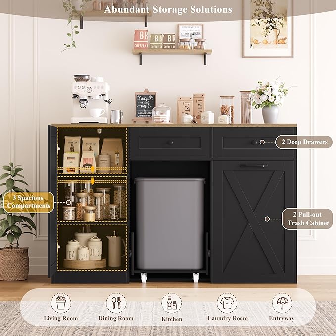 HOSTACK 12.5 Gallon Kitchen Trash Cabinet, 47" Double Trash Can Cabinet, Large Pull Out Can Storage Drawers, Wood Farmhouse Hidden Garbage Storage Buffet for Kitchen, Dining Room, Black