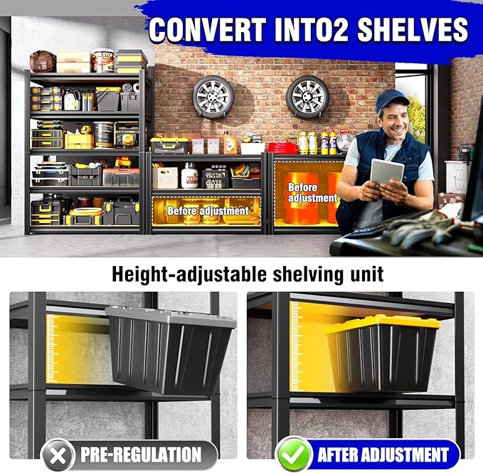 71"H Heavy Duty Garage Shelving - 1900 LBS Capacity 5-Tier Metal Storage Shelves, 71"H x 28"W x 12"D Adjustable Steel Utility Rack, Compact Storage Shelf for Pantry, Closet, Basement, Shed - Black