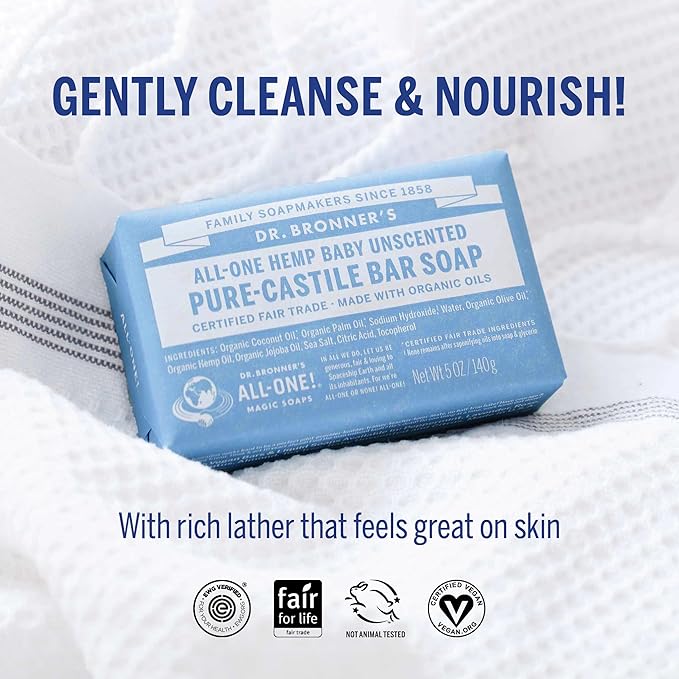 Dr. Bronner's Pure-Castile Baby Unscented Magic Bar Soaps - Made with Regenerative Organic Certified Oils - For Face, Hand, Hair Gentle on Sensitive Skin - Soap Bars for Men & Women - 2 Pack, 5 oz