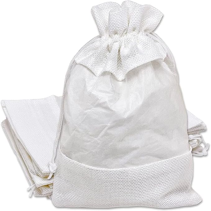 48-Pack Large Linen Burlap & Organza Gift Bags w. Drawstrings (6.5x8.5 in, White) - Party Favors, Presents, Samples & Treats Mesh Pouch by The Display Guys